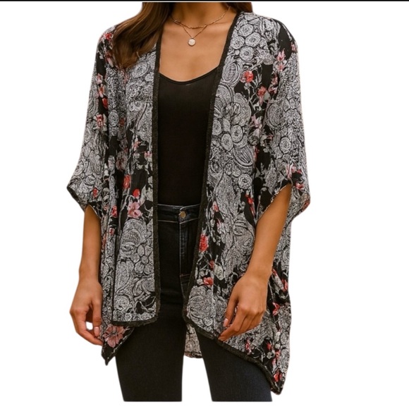 Torrid sheer floral lace trimmed kimono Size 3X in black pink white and gray - Picture 1 of 11